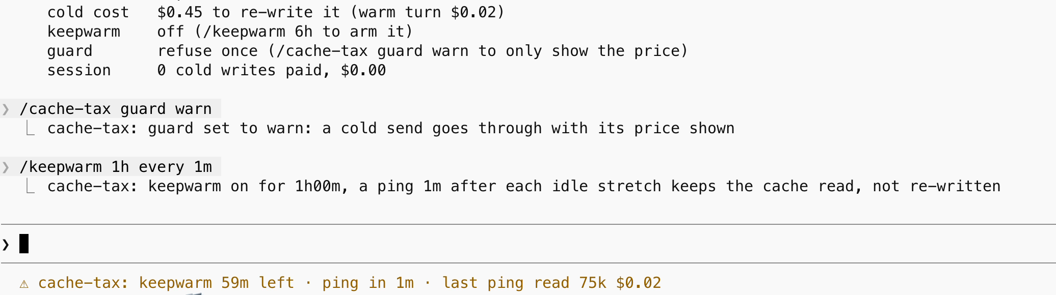Recorded status slot: last ping read 75k tokens, costing $0.02